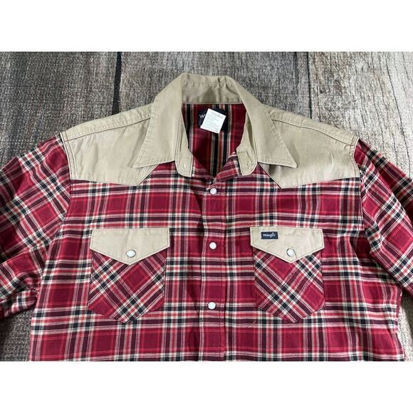 Wrangler Flannel Snap Button Shirt Shacket Mens XL Red Plaid Chore Jacket - Picture 2 of 8